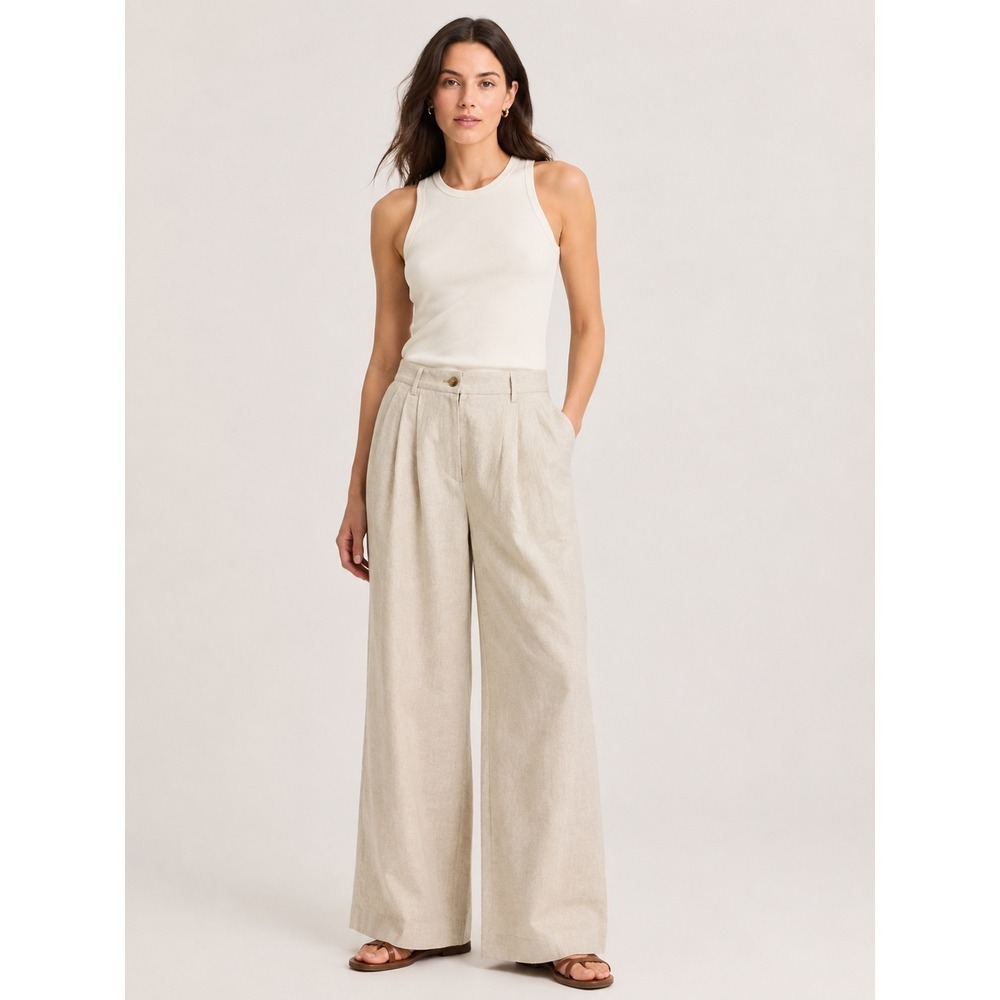 Banana Republic Womens Linen Wide Leg Pants 14 Beige Pleated High Rise Trousers